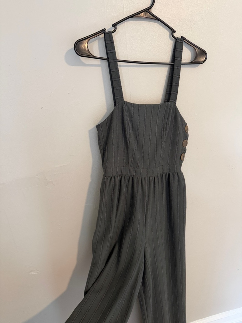 My Michelle Gray Pinstripe Jumpsuit with Button Side Straps